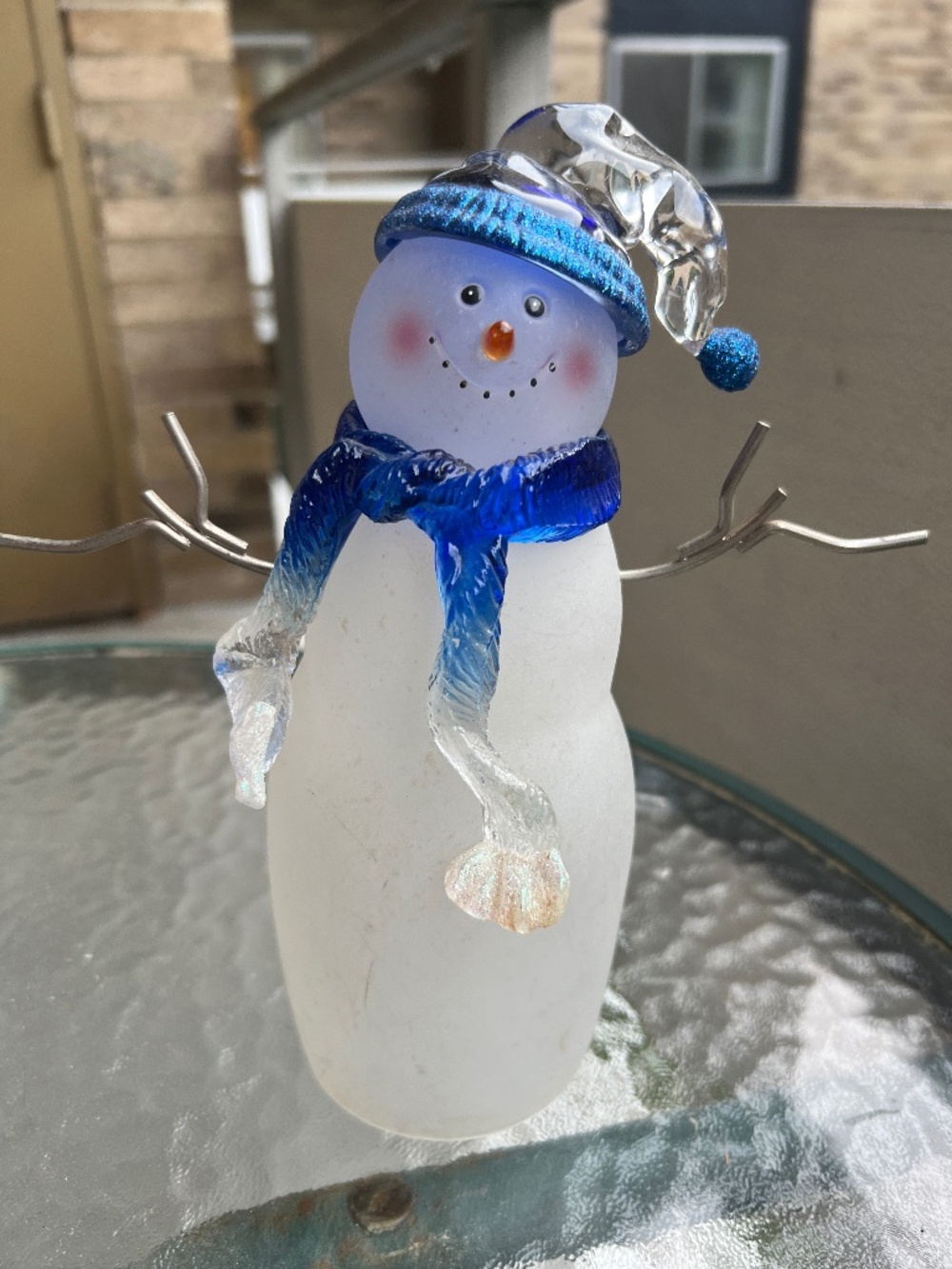 14" Vintage Frosted Glass Snowman Figurine in hat w/pompon and scarf - cute!